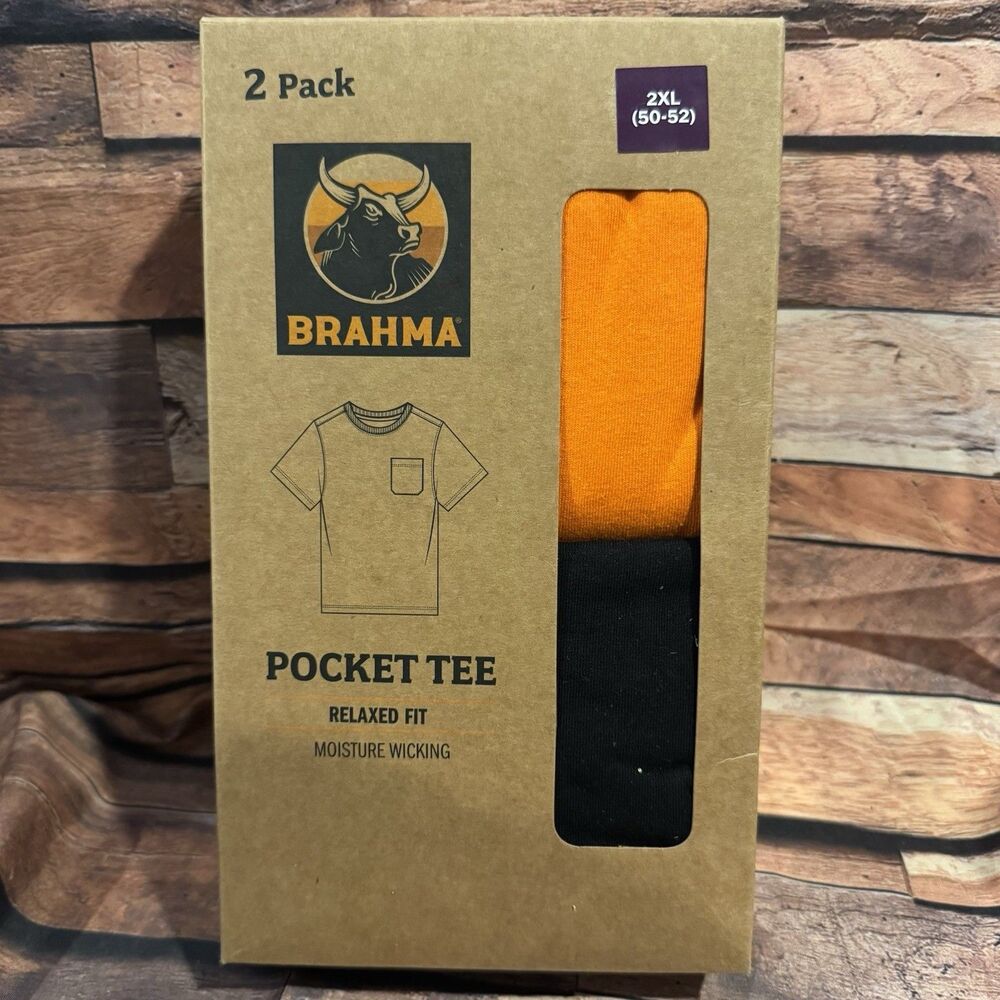 New Brahma Pocket Tee 2 Pack Mens 2XL Black Orange Work T Shirts 50 52 NIB